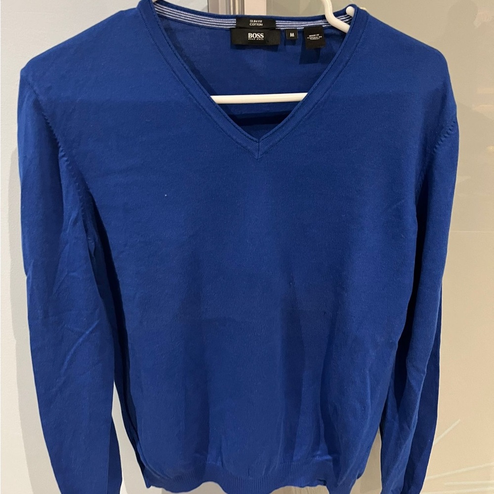 Boss Blue V-Neck Sweater with Ribbed Cuffs